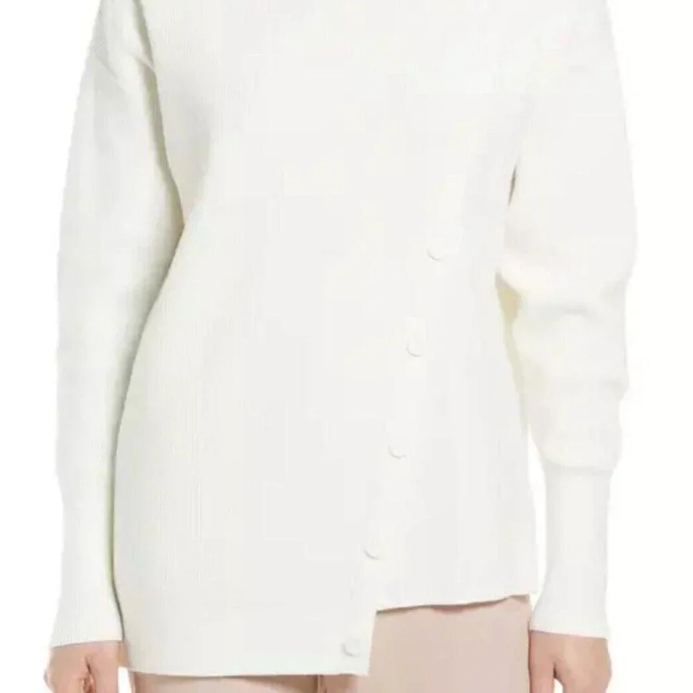 Halogen Women's Medium M Asymmetric Button‎ Mock Neck Stitch Mix Sweater Black